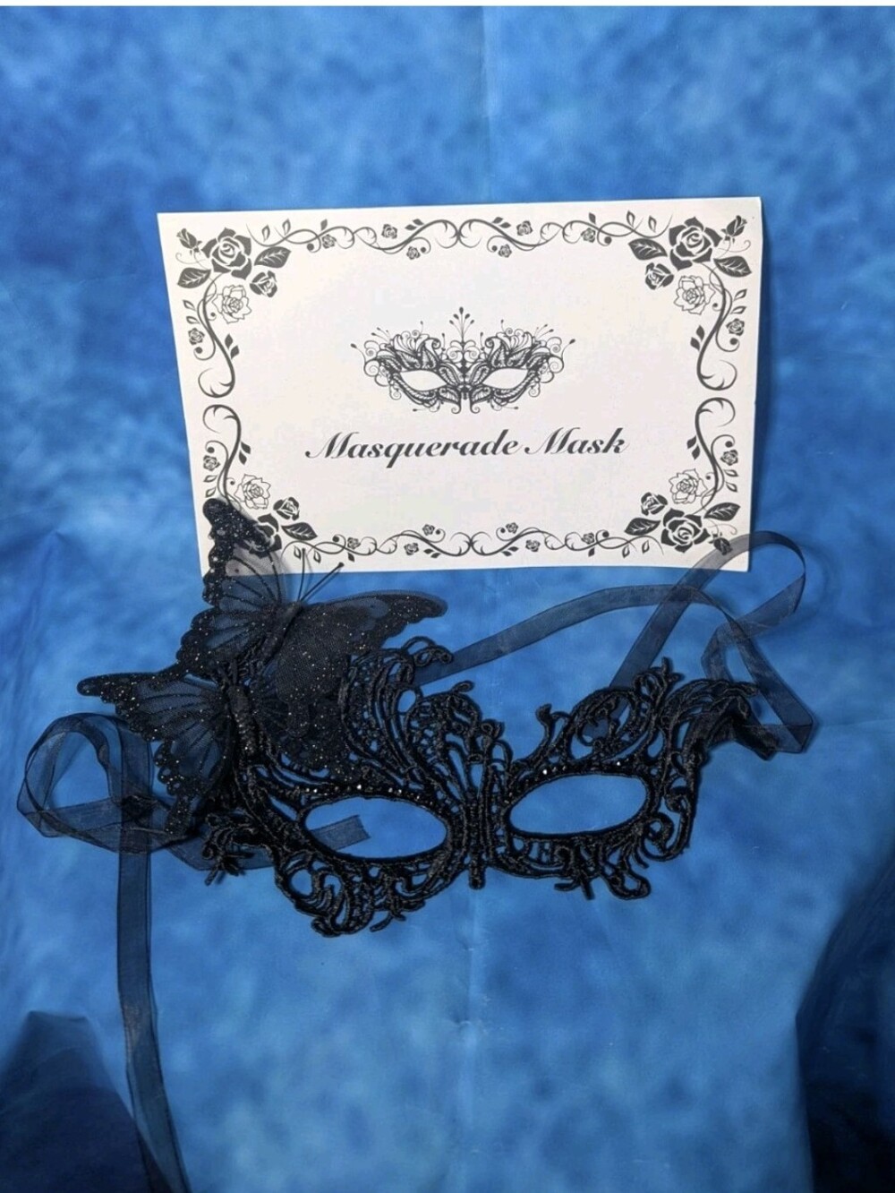 Masquerade Eye Mask Black Lace Butterfly Ribbon Tie OSFM Adult NIB